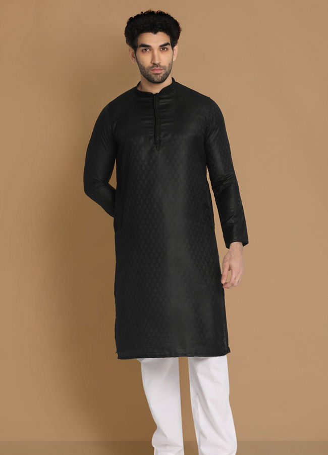 Buy Black Self Design Kurta Pajama Online in the USA Manyavar Kurta Pajama for Men